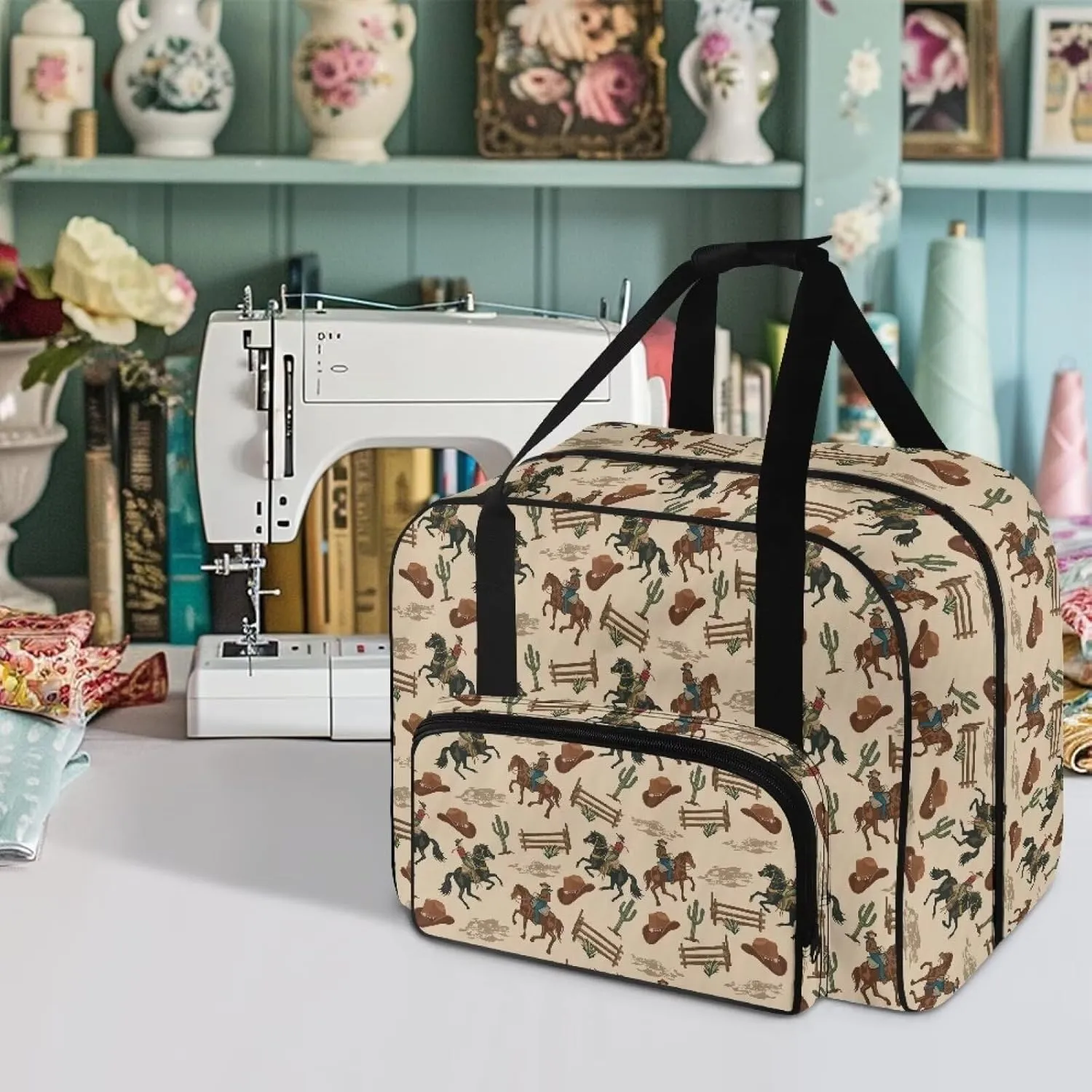 Cowboy Cactus Print Sewing Machine Carrying Case Large Capacity Sewing Machine Storage Universal and Durable Sewing Machine bag with Comfortable Handle