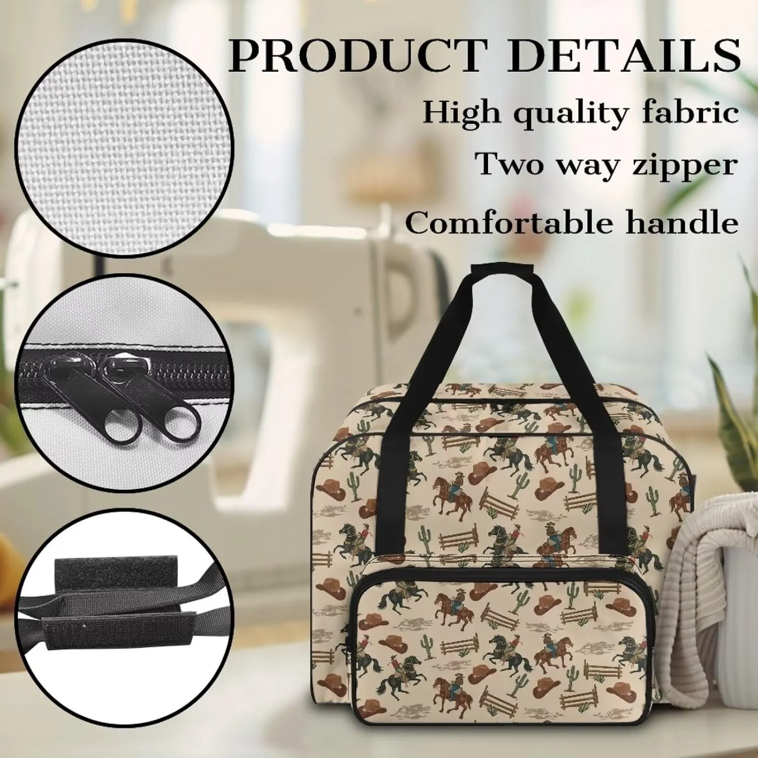 Cowboy Cactus Print Sewing Machine Carrying Case Large Capacity Sewing Machine Storage Universal and Durable Sewing Machine bag with Comfortable Handle
