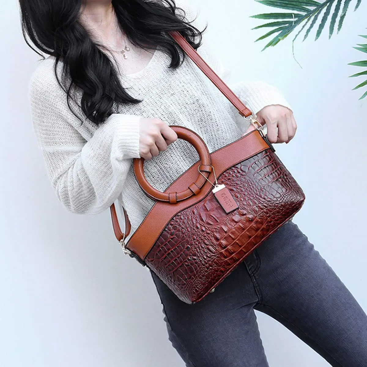 Crocodile Pattern Handbag for Women Leather Ring Top Handle Satchel Style Shoulder Bag Fashion Purse Embossed Tote