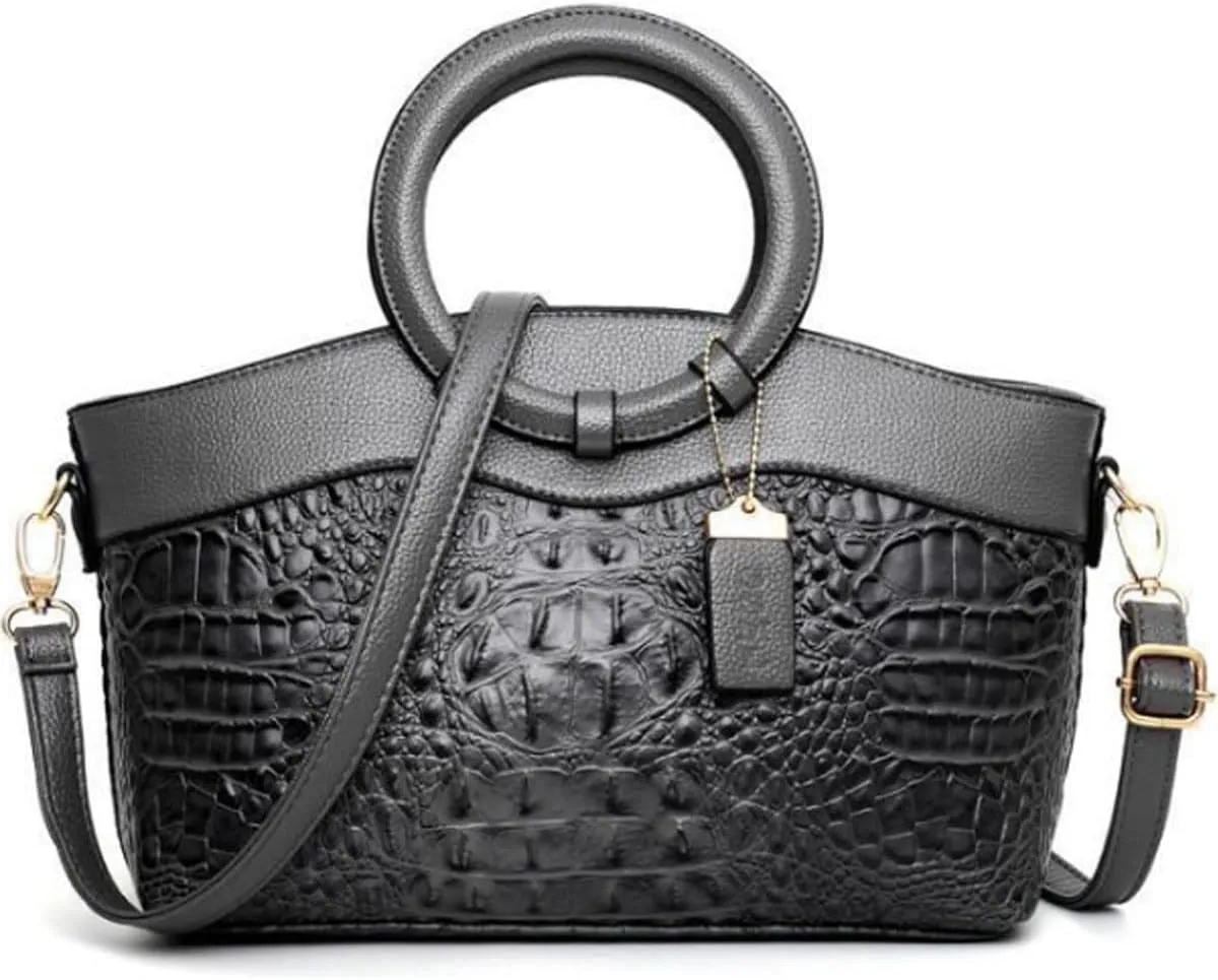 Crocodile Pattern Handbag for Women Leather Ring Top Handle Satchel Style Shoulder Bag Fashion Purse Embossed Tote