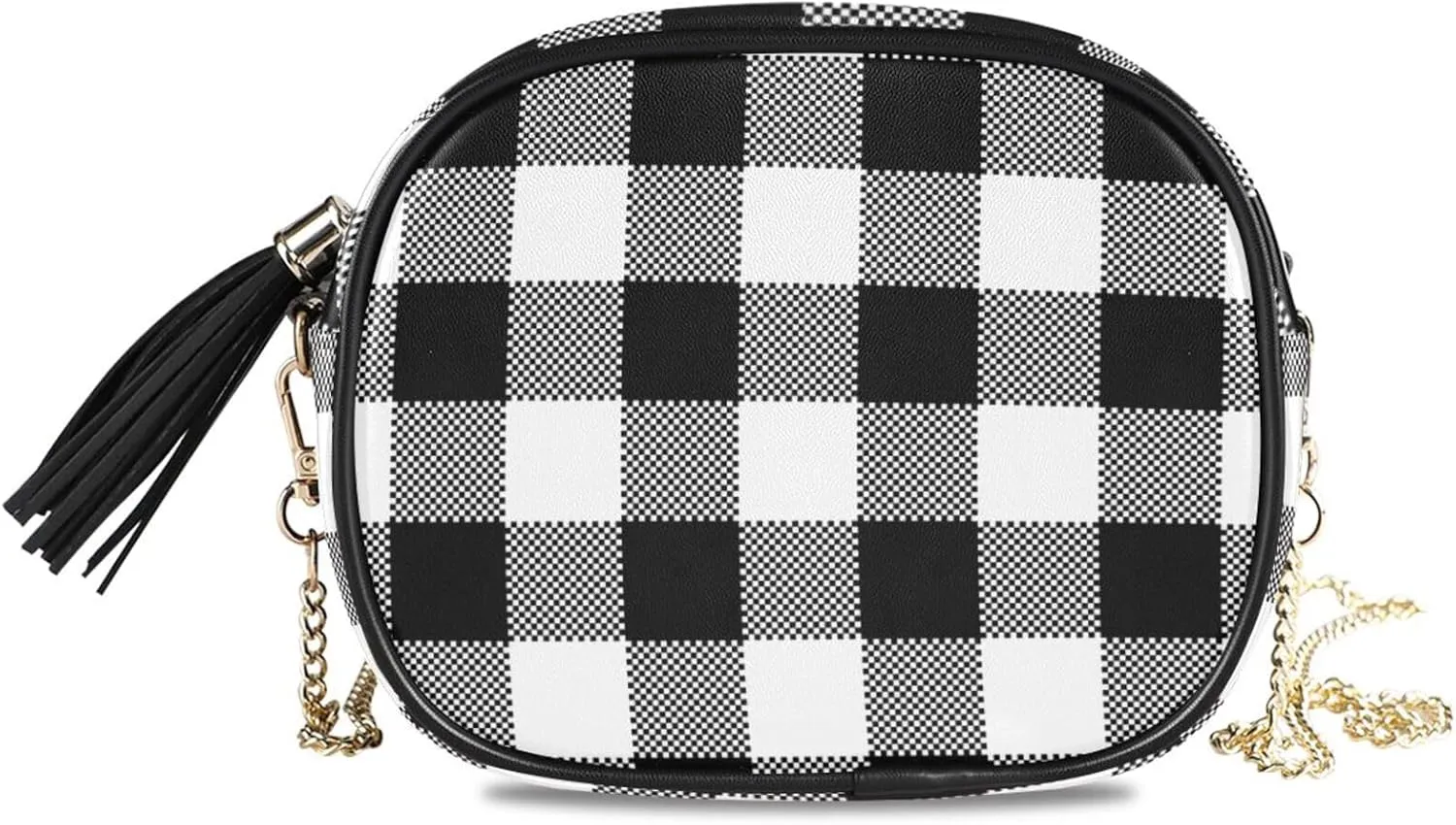 Crossbody Bag Gingham Plaid Black White Clutch Handbag Vegan Leather Shoulder Purse Date Chain Bag Travel Pouch Compact Chic Bag for Women Everyday Use