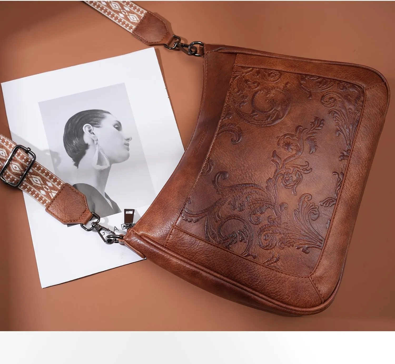 Crossbody Bags for Women,Vegan Leather Crossbody Purse with Adjustable Strap Embossed Flower Women's Shoulder Handbags