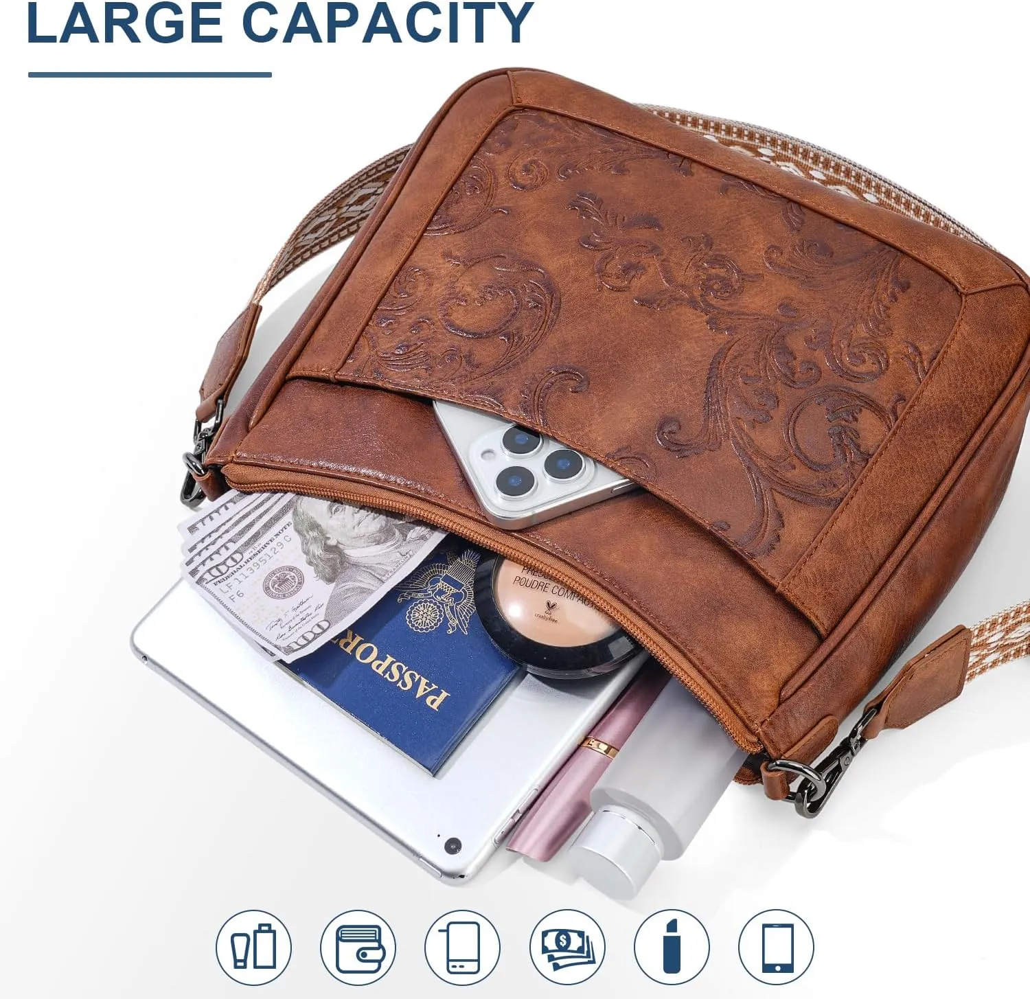 Crossbody Bags for Women,Vegan Leather Crossbody Purse with Adjustable Strap Embossed Flower Women's Shoulder Handbags