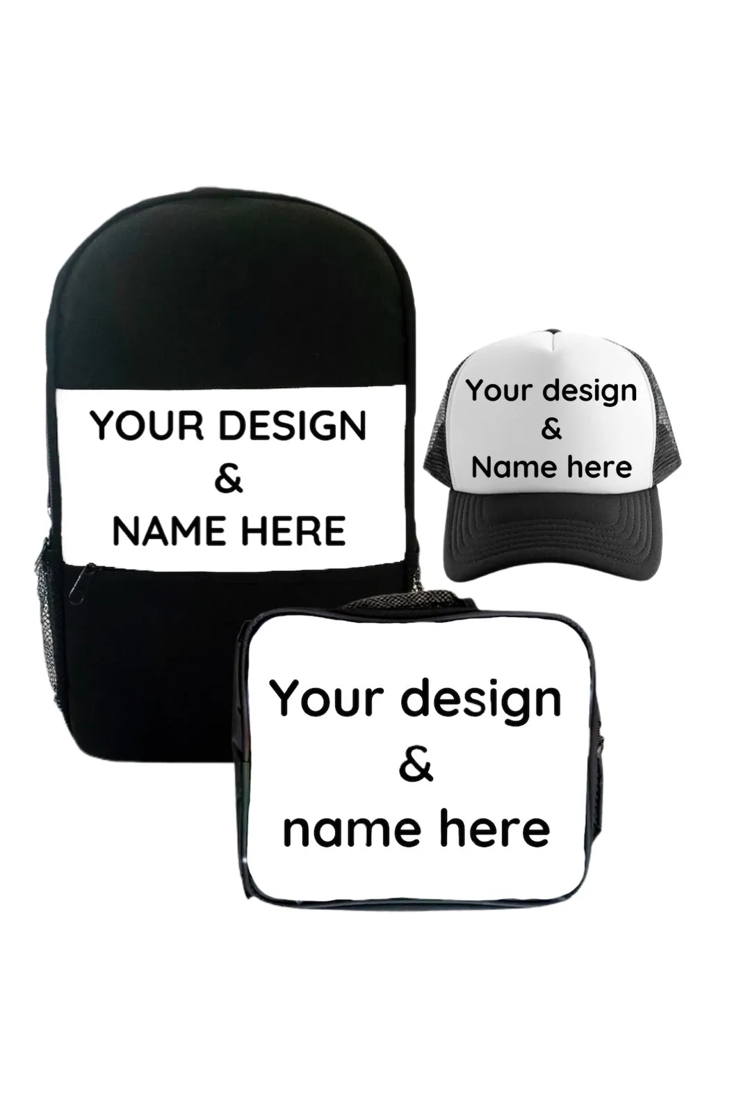 Custom Combo 1x Snapback Cap, 1x Backpack, 1x Lunchbox