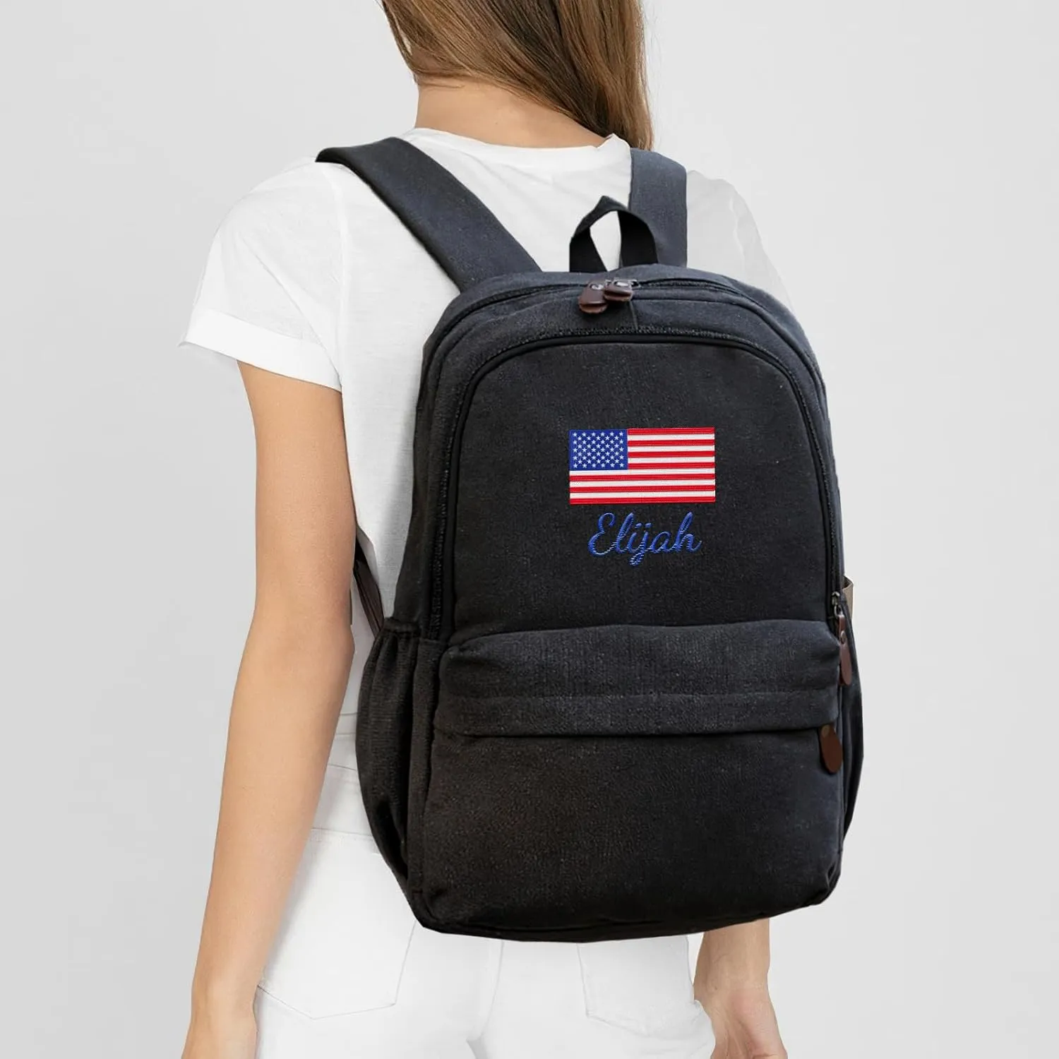 Custom School Backpack for Girls boys, Personalized Embroidered USA Flag Signs with Name, Customized Waterproof Casual Backpacks, Suitable for Kids Student Bookbag