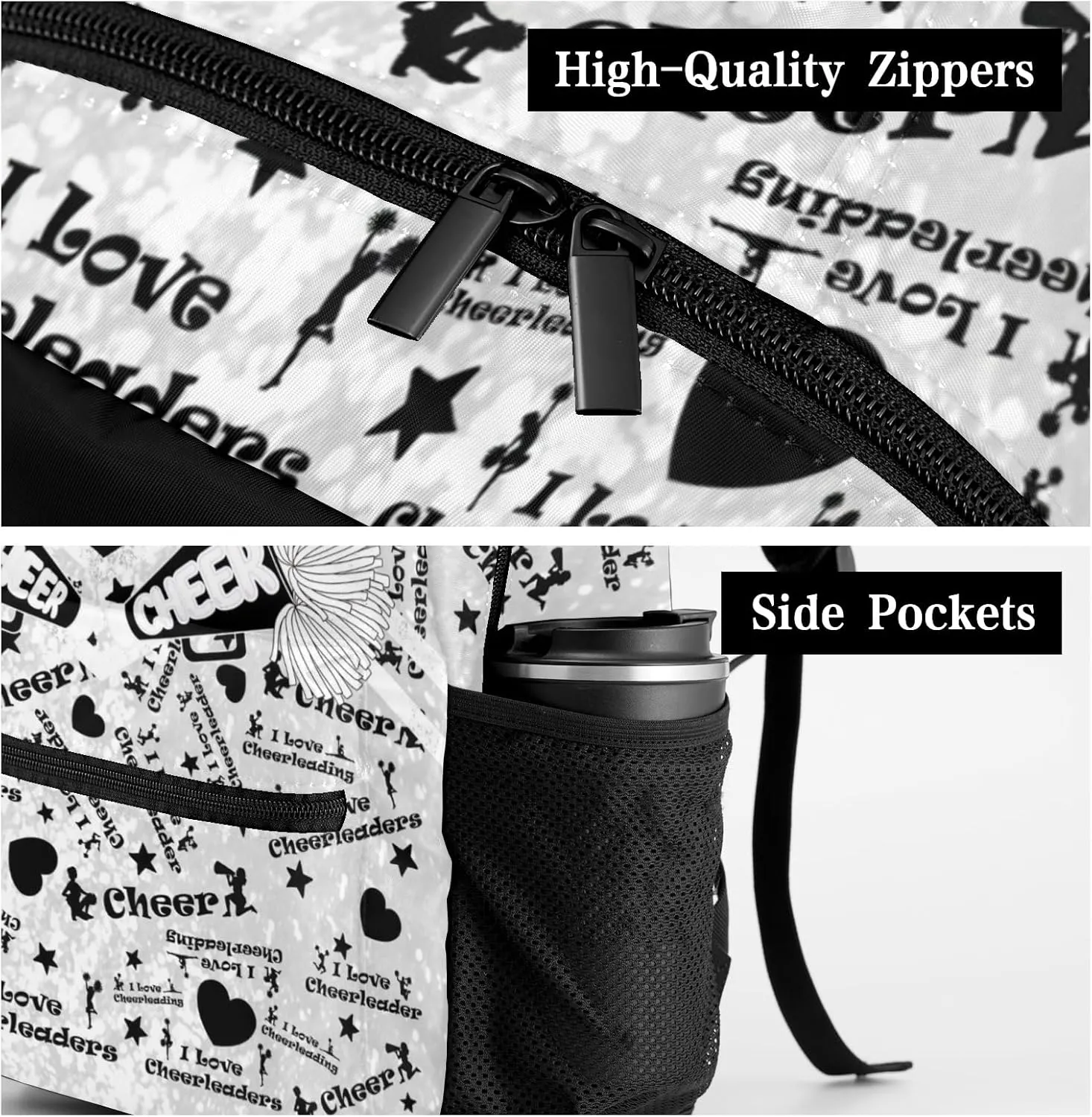 Custom Student Bag Gifts with Name Black White Cheerleaders Bling Print Kids' Backpack Large Capacity Shoulder Bookbag Casual Bag for Teens