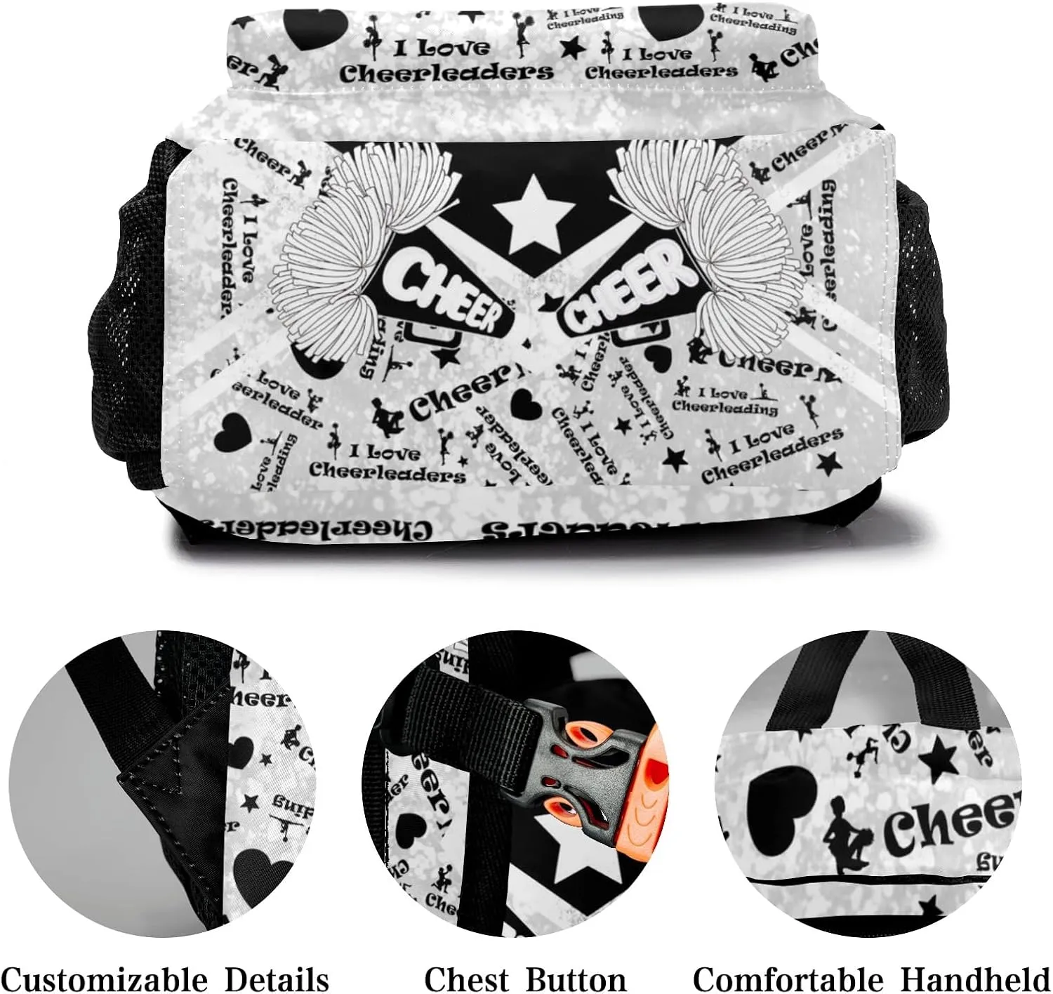Custom Student Bag Gifts with Name Black White Cheerleaders Bling Print Kids' Backpack Large Capacity Shoulder Bookbag Casual Bag for Teens
