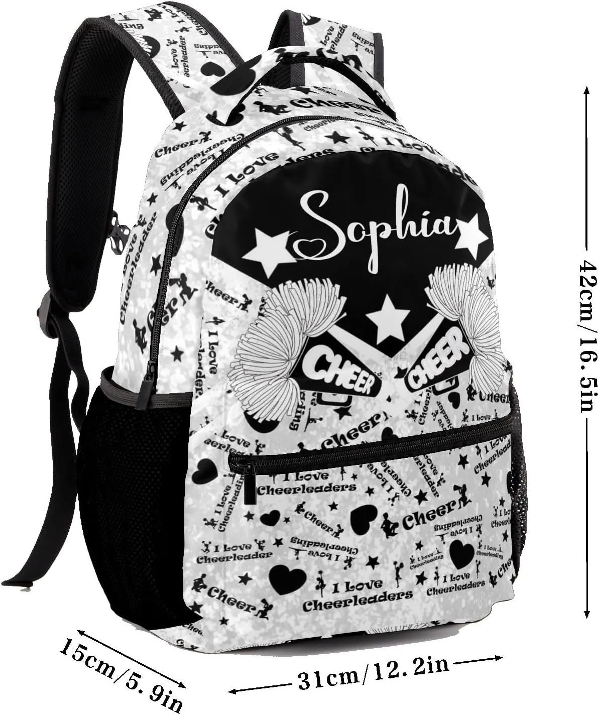 Custom Student Bag Gifts with Name Black White Cheerleaders Bling Print Kids' Backpack Large Capacity Shoulder Bookbag Casual Bag for Teens