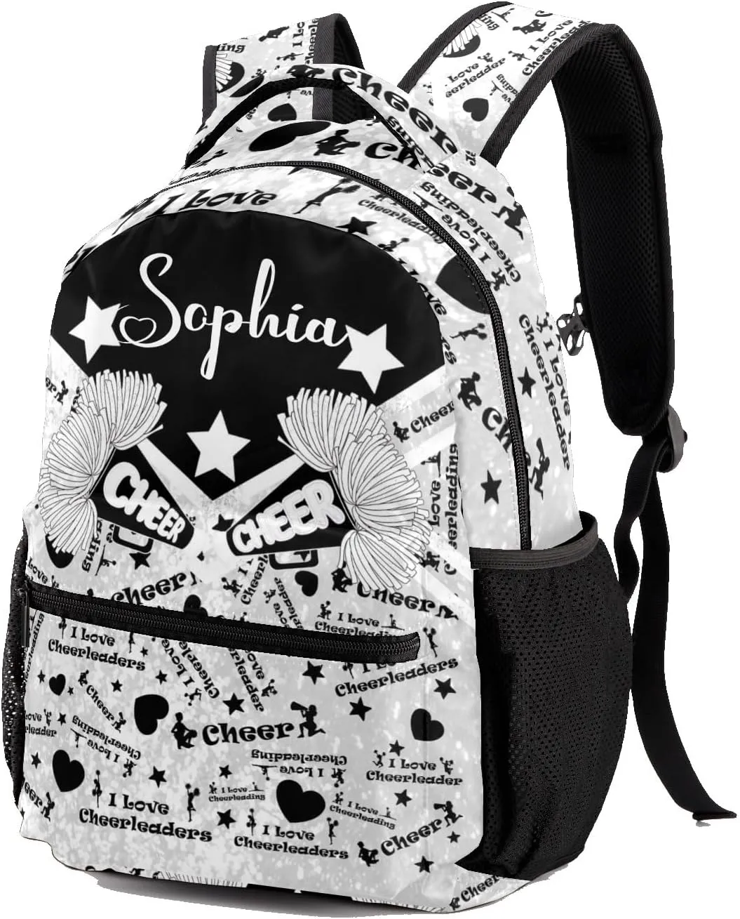 Custom Student Bag Gifts with Name Black White Cheerleaders Bling Print Kids' Backpack Large Capacity Shoulder Bookbag Casual Bag for Teens