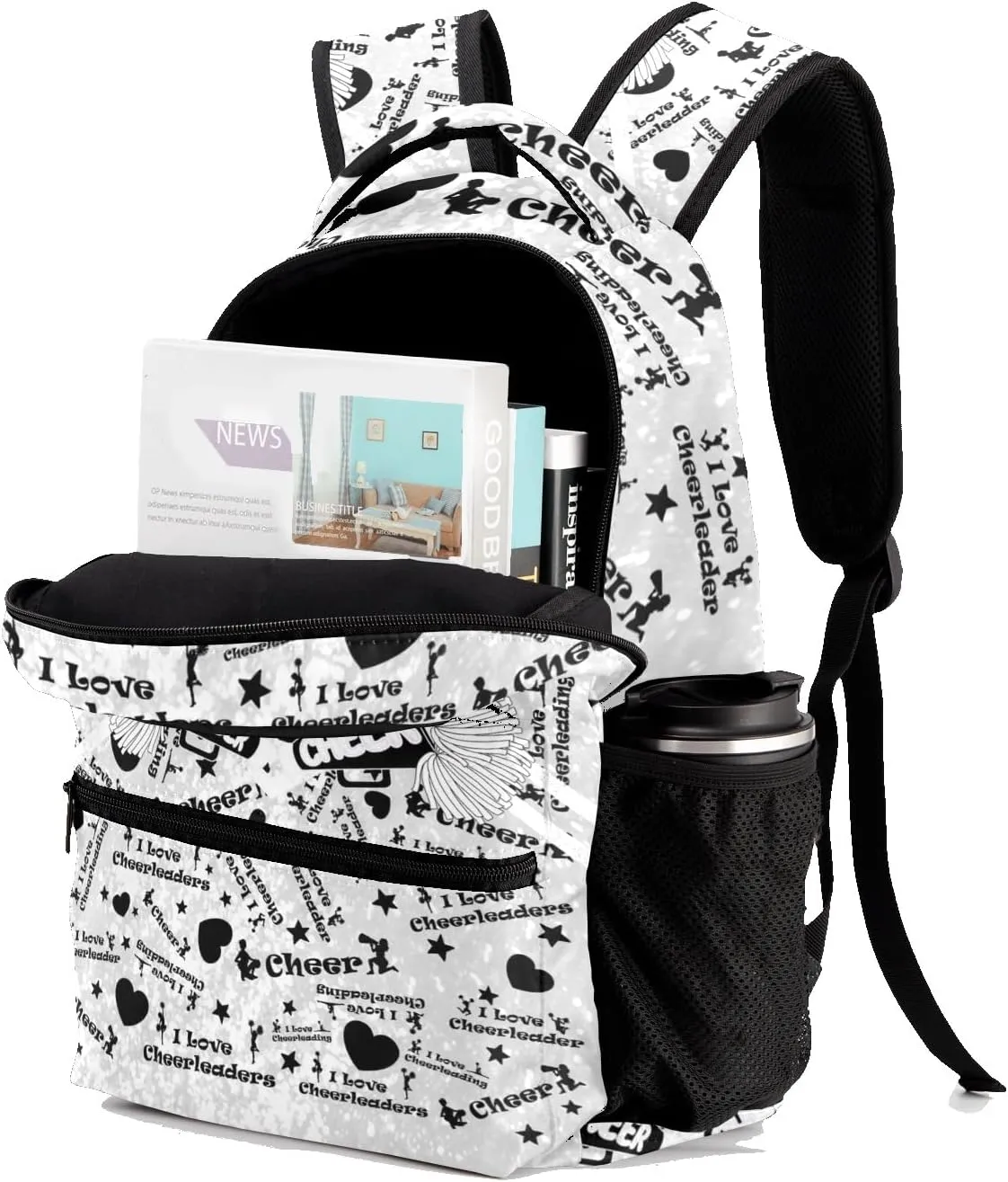 Custom Student Bag Gifts with Name Black White Cheerleaders Bling Print Kids' Backpack Large Capacity Shoulder Bookbag Casual Bag for Teens