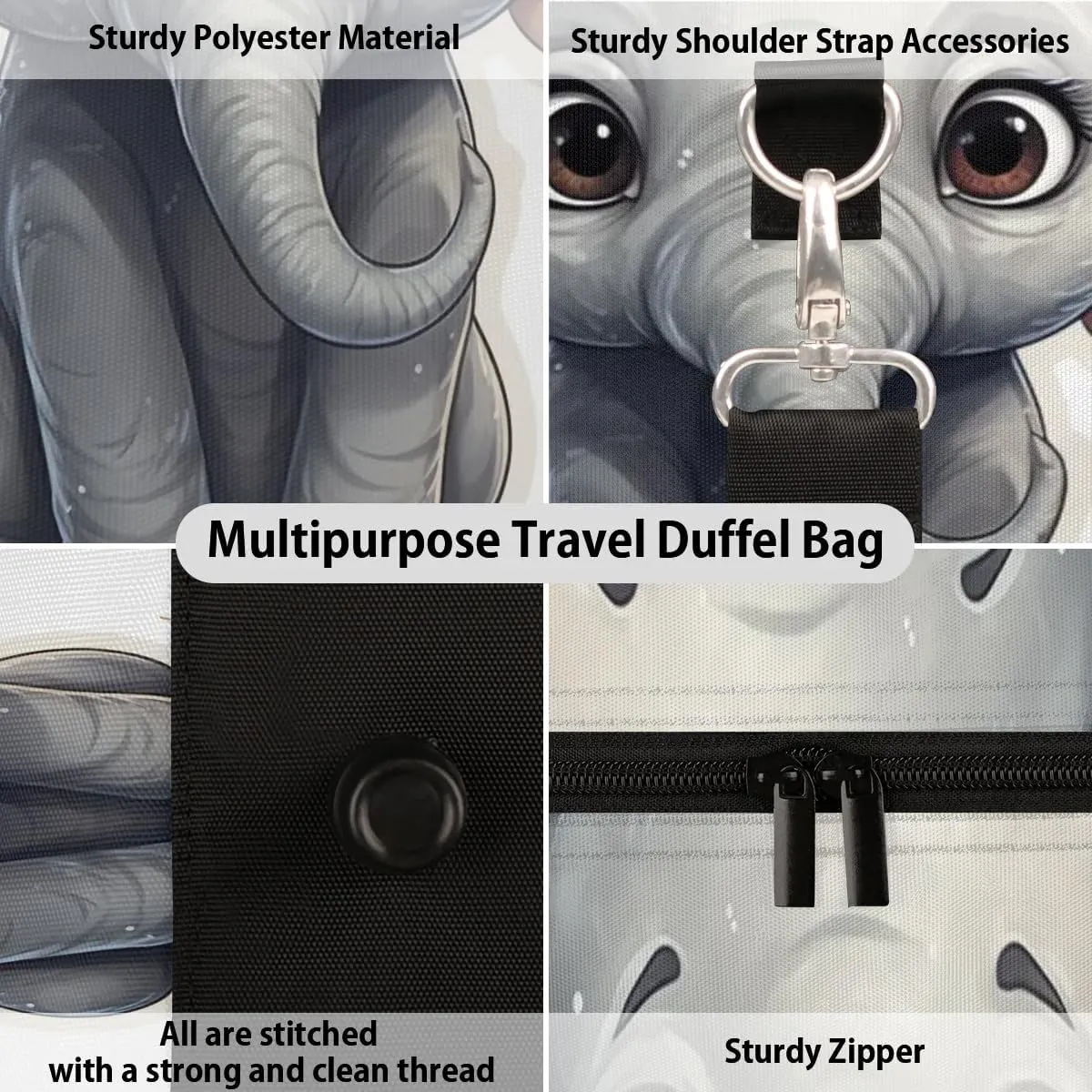 Cute Cartoon Elephant Print Travel Duffel Bag for Women Men Waterproof Foldable Overnight Weekender Bag Large Capacity Sports Gym Bag