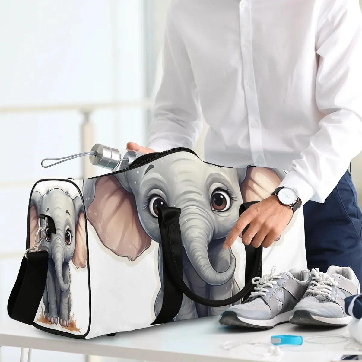 Cute Cartoon Elephant Print Travel Duffel Bag for Women Men Waterproof Foldable Overnight Weekender Bag Large Capacity Sports Gym Bag