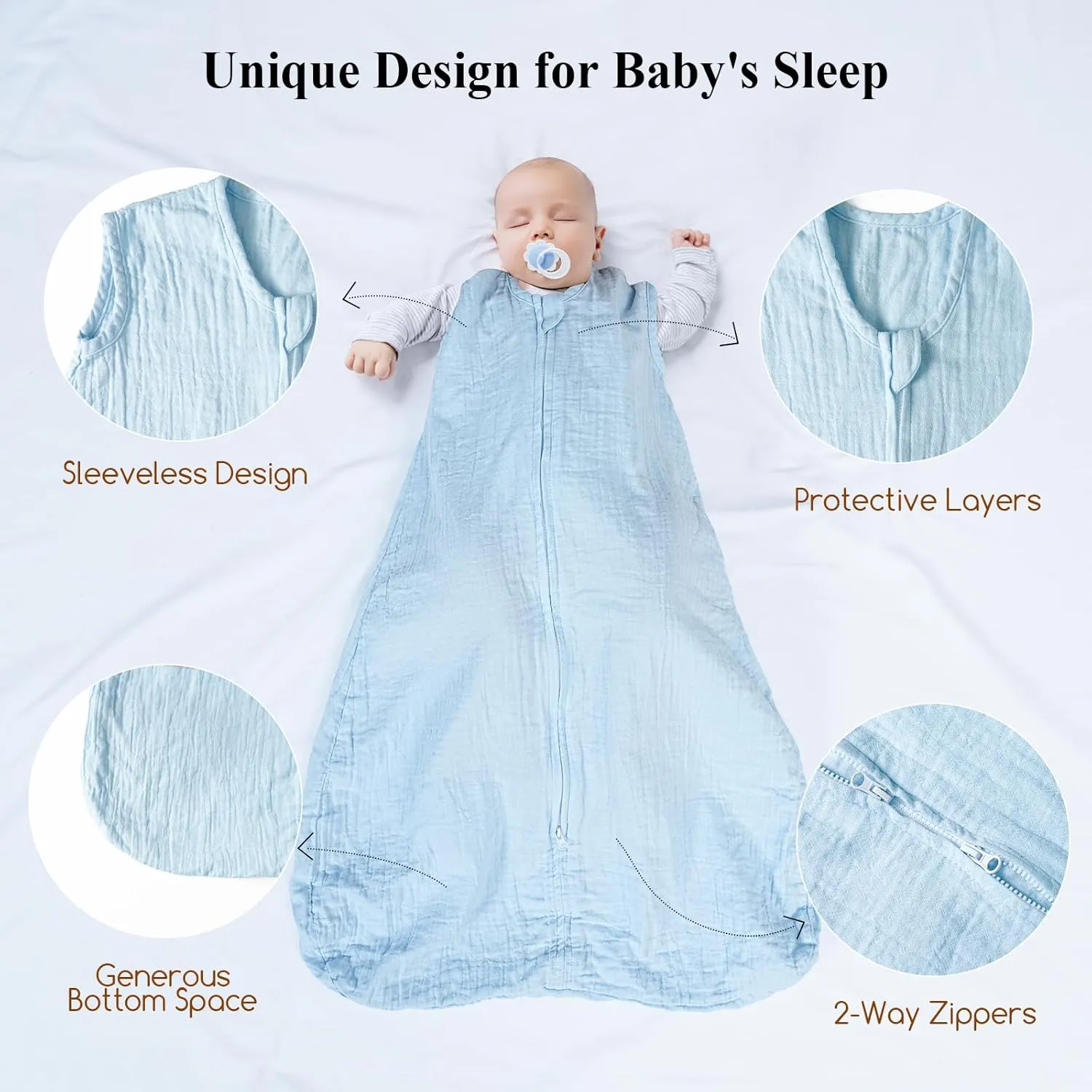 david's kids Muslin Cotton Baby Sleep Sack 6-12 Months, 2 Pack 100% Cotton Sleeping Bag for Summer, TOG 0.5 Baby Wearable Blankets with 2-Way Zipper, Soft Sleep Sacks for Newborn Infant, White & Blue