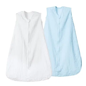 david's kids Muslin Cotton Baby Sleep Sack 6-12 Months, 2 Pack 100% Cotton Sleeping Bag for Summer, TOG 0.5 Baby Wearable Blankets with 2-Way Zipper, Soft Sleep Sacks for Newborn Infant, White & Blue