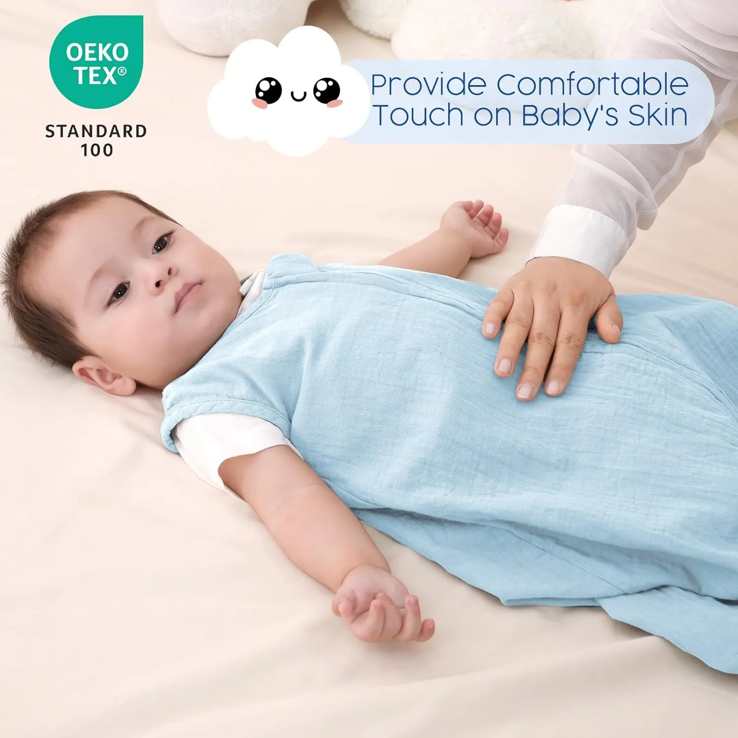 david's kids Muslin Cotton Baby Sleep Sack 6-12 Months, 2 Pack 100% Cotton Sleeping Bag for Summer, TOG 0.5 Baby Wearable Blankets with 2-Way Zipper, Soft Sleep Sacks for Newborn Infant, White & Blue
