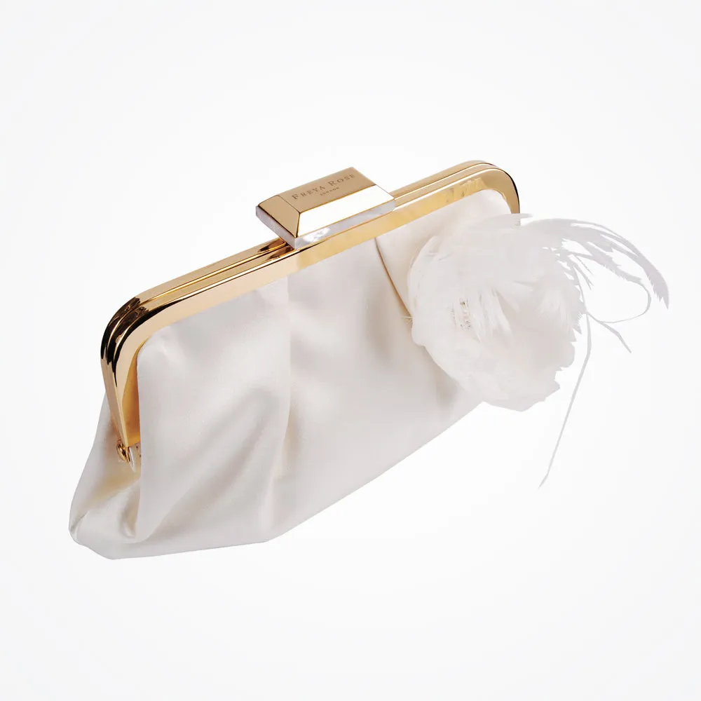 Delta bridal clutch bag with feather and pearl flower