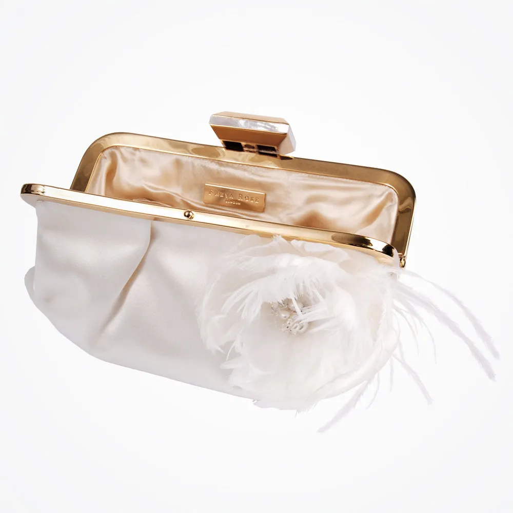 Delta bridal clutch bag with feather and pearl flower
