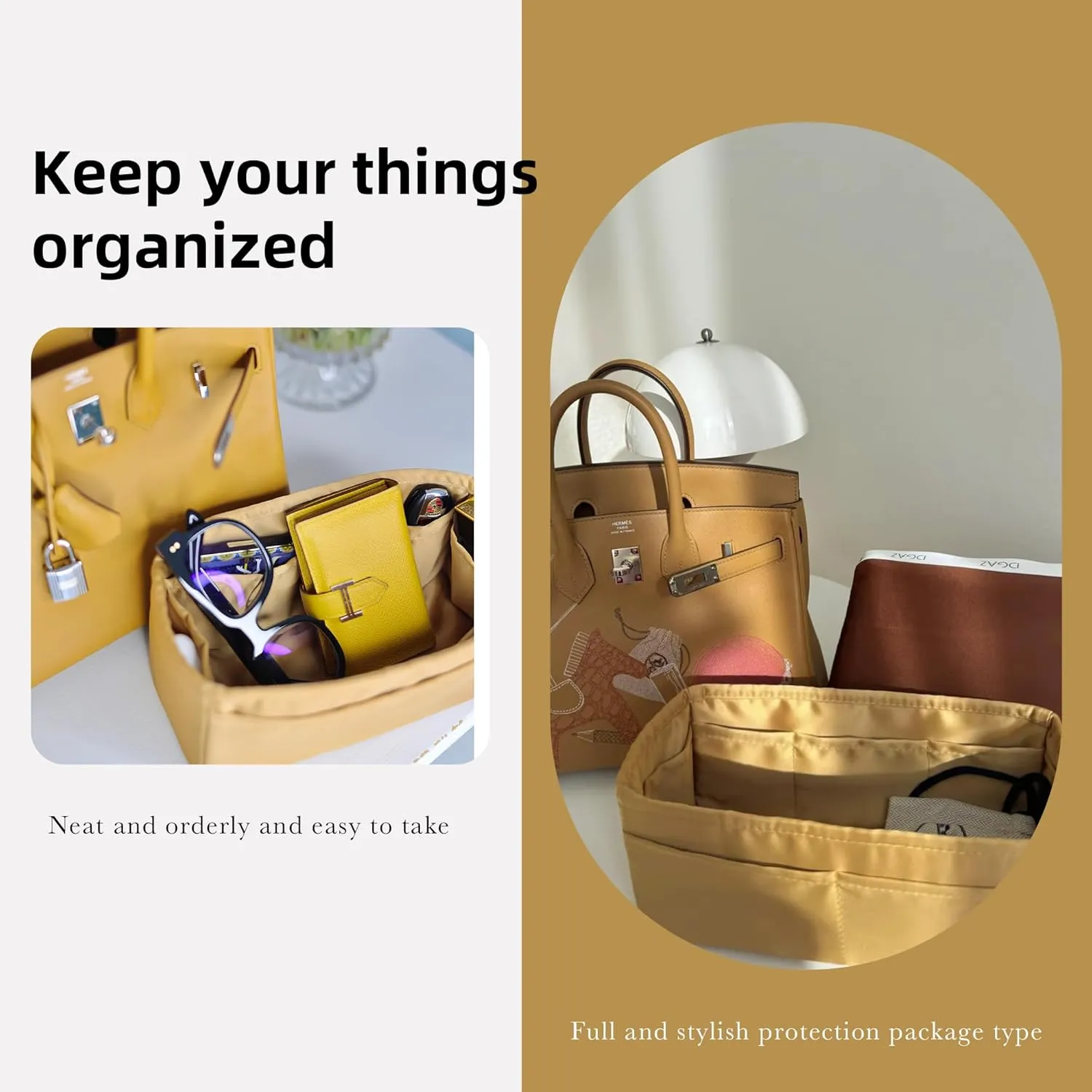 DGAZ Purse Organizer Silky Smooth Fits Birkin 25/30/35/40 Bags,Silk,Luxury Handbag Tote in Bag Shapers, Women(Biscuit color,BK40)
