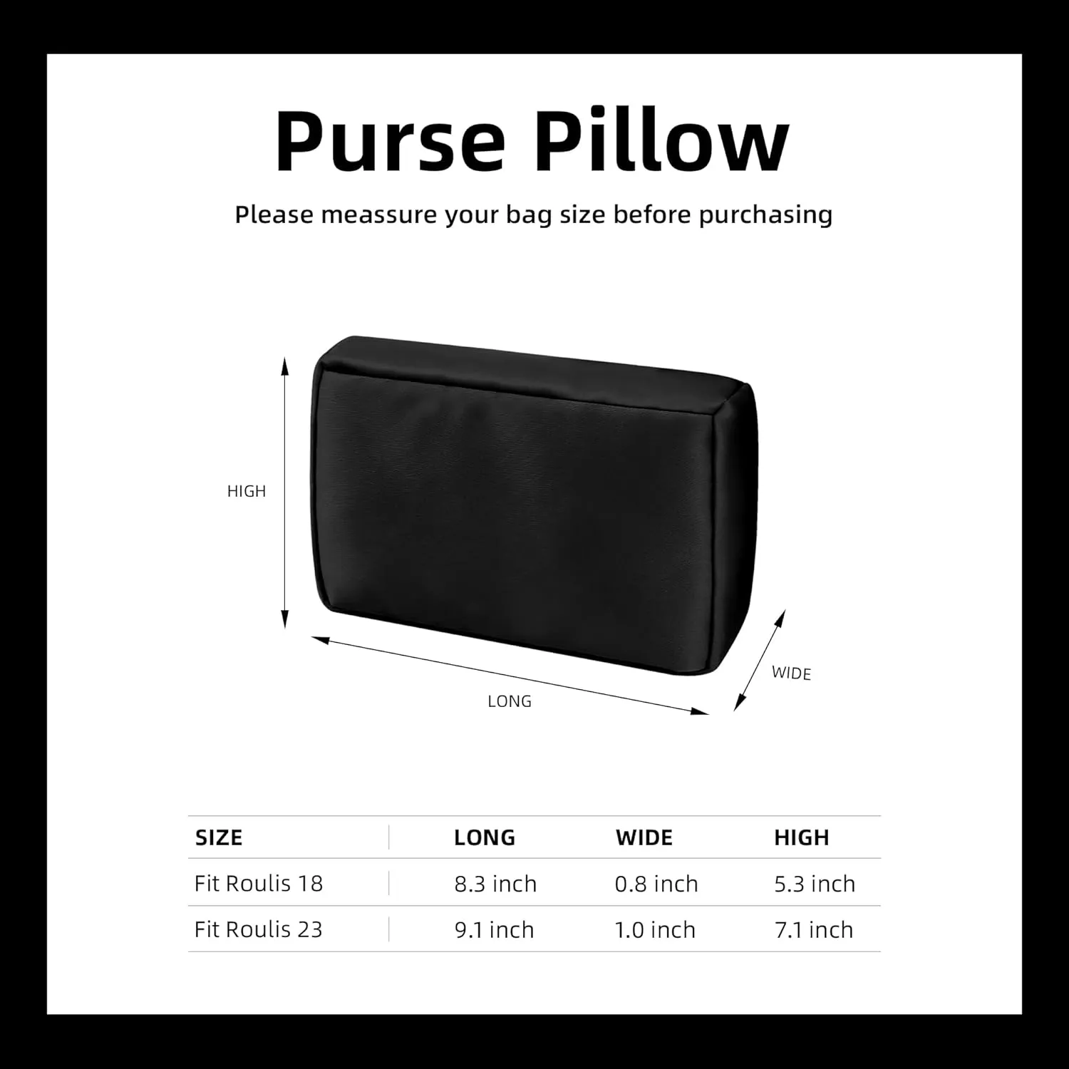 DGAZ Purse Pillow Insert for Hermes Roulis bags, Memory Foam, Silky Pillow Shaper for Luxury Handbags(Black,Roulis18)