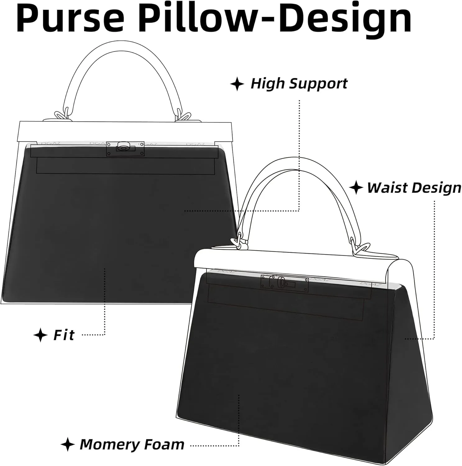 DGAZ Purse Pillow Shaper Insert for Hermes Kelly Bags, Silky Pillow Shaper for Luxury Handbags(Black,KL25 Retourne)