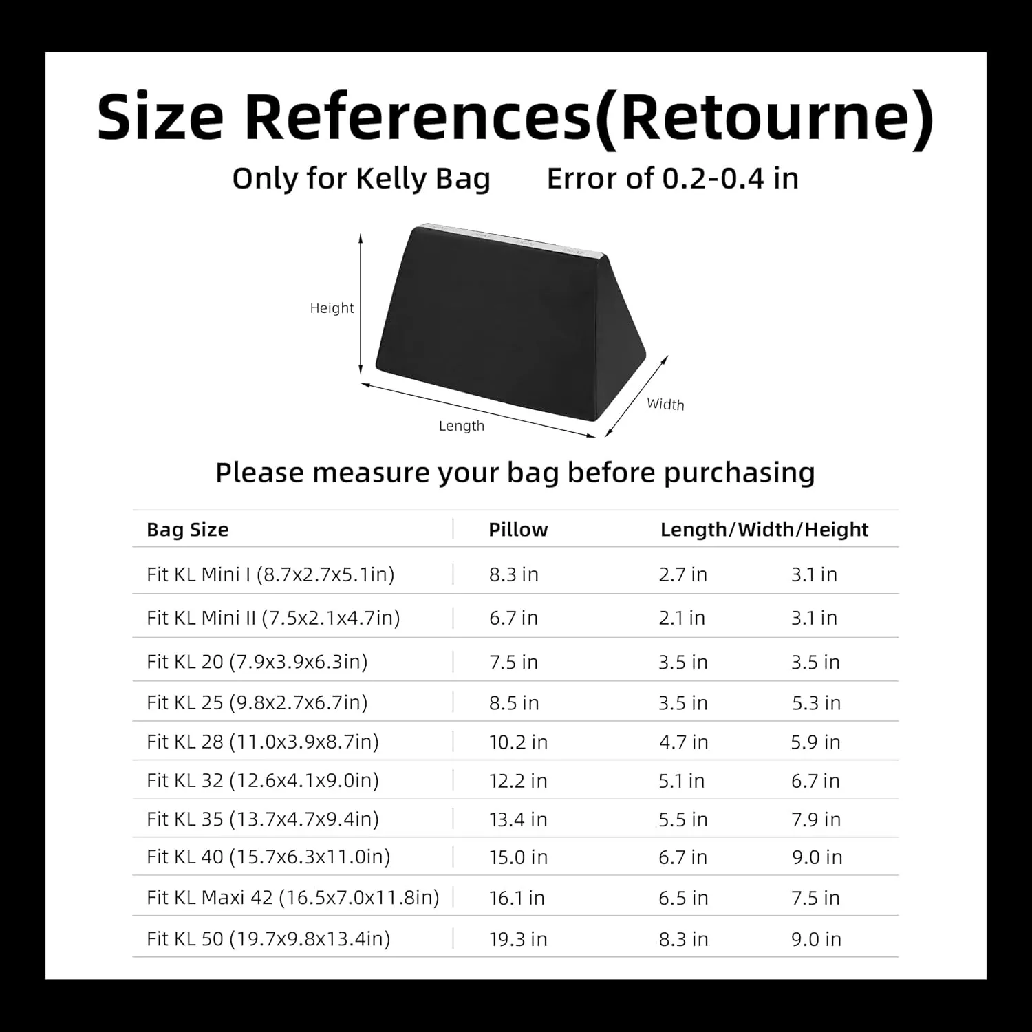 DGAZ Purse Pillow Shaper Insert for Hermes Kelly Bags, Silky Pillow Shaper for Luxury Handbags(Black,KL25 Retourne)