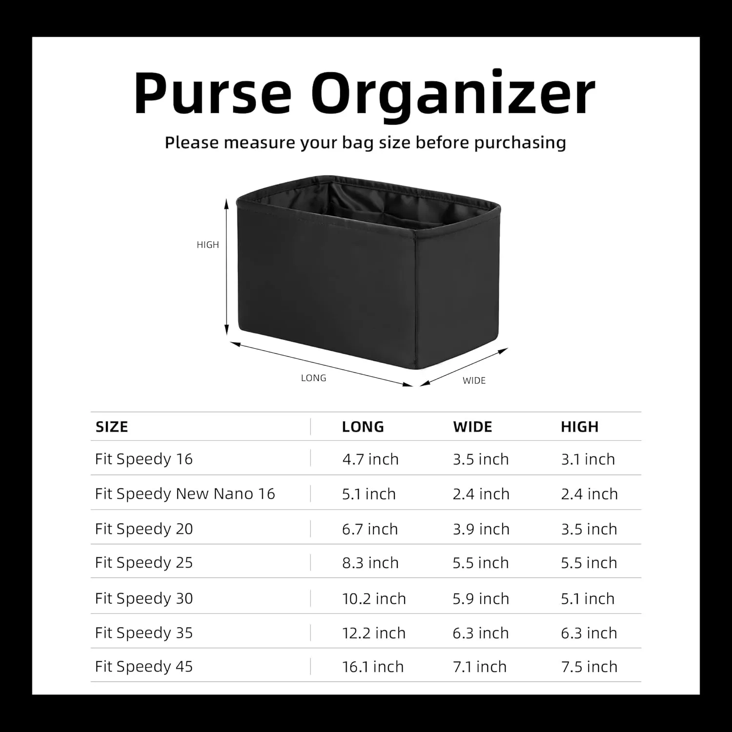 DGAZ Silk Purse Organizer Insert Fits LV Speedy 16/20/25/30/35/45 bags，Silky Smooth Bag Organizer，Luxury Handbag & Tote Shaper（Black，SP20）