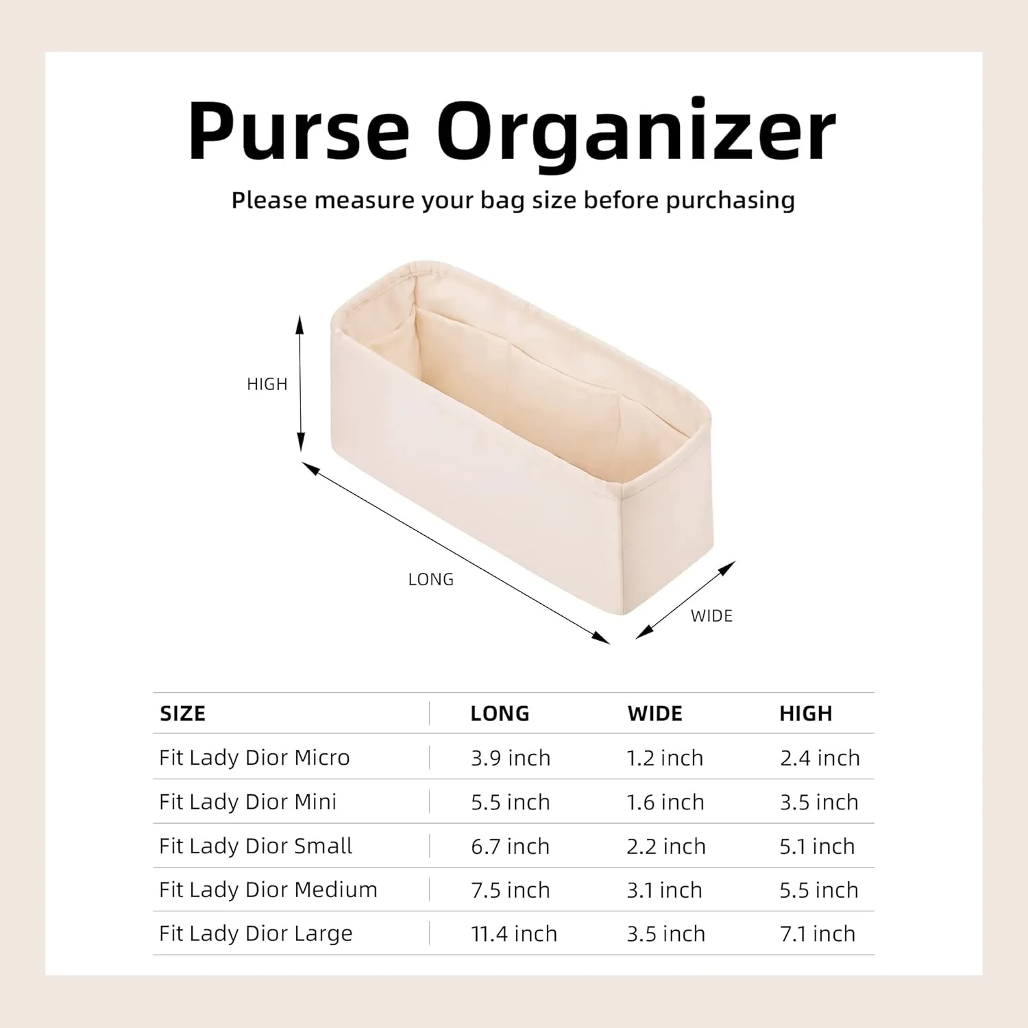 DGAZ Silk Purse Organizer Insert For Lady-Dior Micro/Mini/S/M/L bags，Silky Smooth Bag Organizer，Luxury Handbag & Tote Shaper（Craie，L）