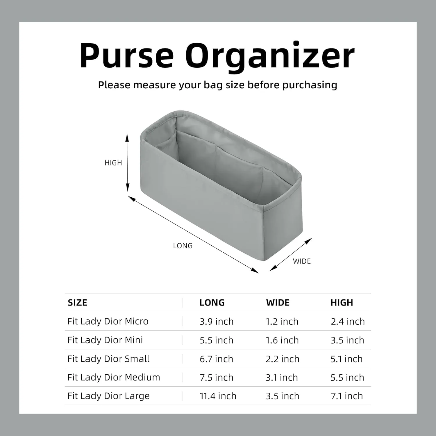 DGAZ Silk Purse Organizer Insert For Lady-Dior Micro/Mini/S/M/L bags，Silky Smooth Bag Organizer，Luxury Handbag & Tote Shaper(Pearl gray,L)