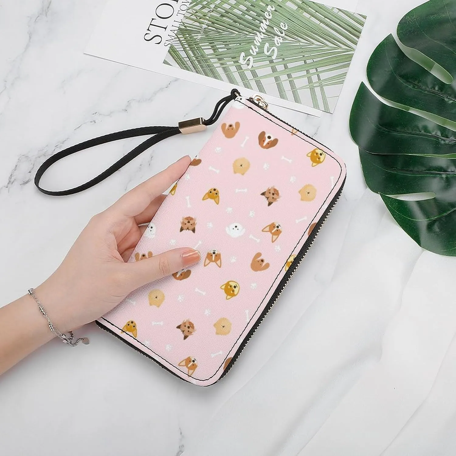 Dog Breeds Head Women's Leather Long Large Capacity Wallet Clutch Wallet with Hand Strap
