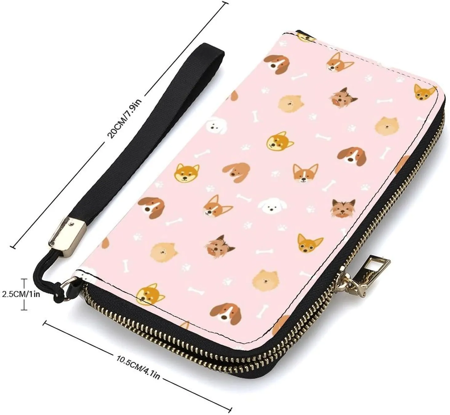 Dog Breeds Head Women's Leather Long Large Capacity Wallet Clutch Wallet with Hand Strap