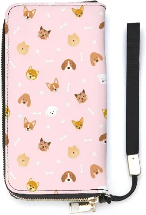 Dog Breeds Head Women's Leather Long Large Capacity Wallet Clutch Wallet with Hand Strap