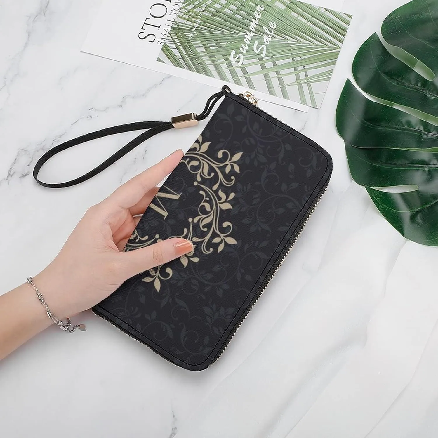 Donnapink Monogrammed Initial Letter M Long Clutch Wallet, Long Handbag with Removable Wristlet Strap, PU Leather Zip Purse, Credit Pass Case Card-Holder for Men Women