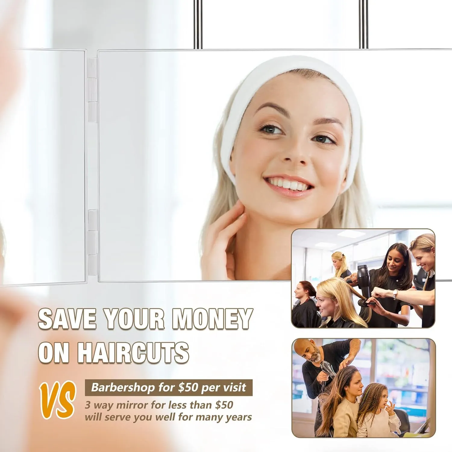 Dripex 3 Way Mirror for Self Hair Cutting, Rechargeable 360° Trifold Self Haircut Mirror with Height Adjustable Hooks, for Makeup, Styling, Shaving, Braiding, Dye Hair (White Without LED)