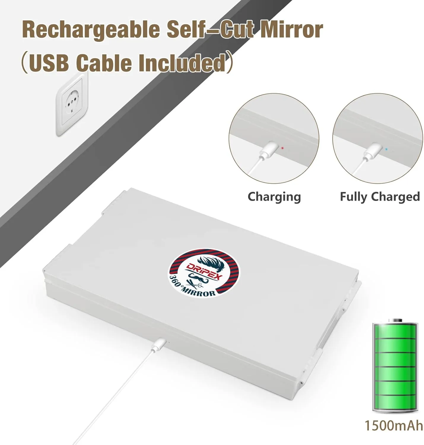 Dripex 3 Way Mirror for Self Hair Cutting, Rechargeable 360° Trifold Self Haircut Mirror with LED Lights and Height Adjustable Hooks, for Makeup, Styling, Shaving, Braiding, Dye Hair