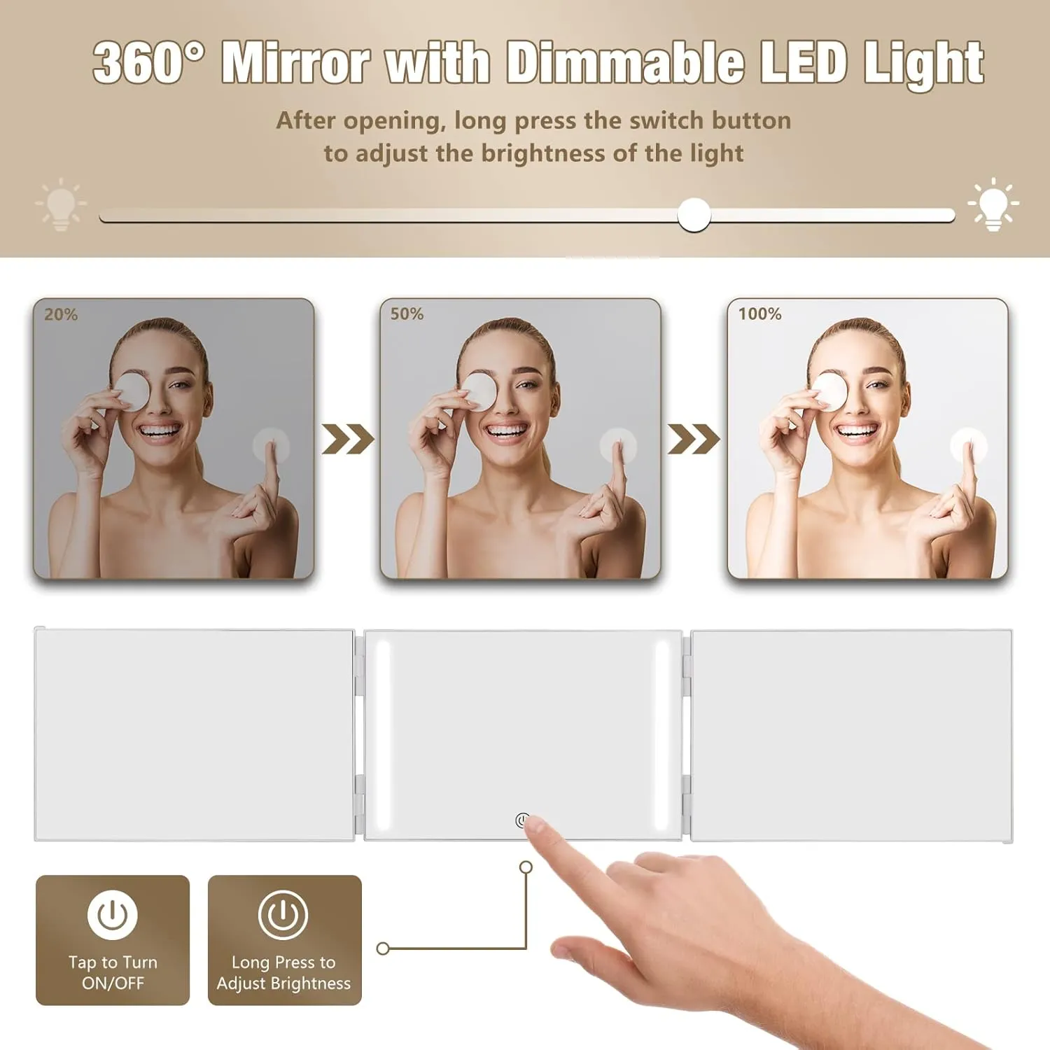 Dripex 3 Way Mirror for Self Hair Cutting, Rechargeable 360° Trifold Self Haircut Mirror with LED Lights and Height Adjustable Hooks, for Makeup, Styling, Shaving, Braiding, Dye Hair