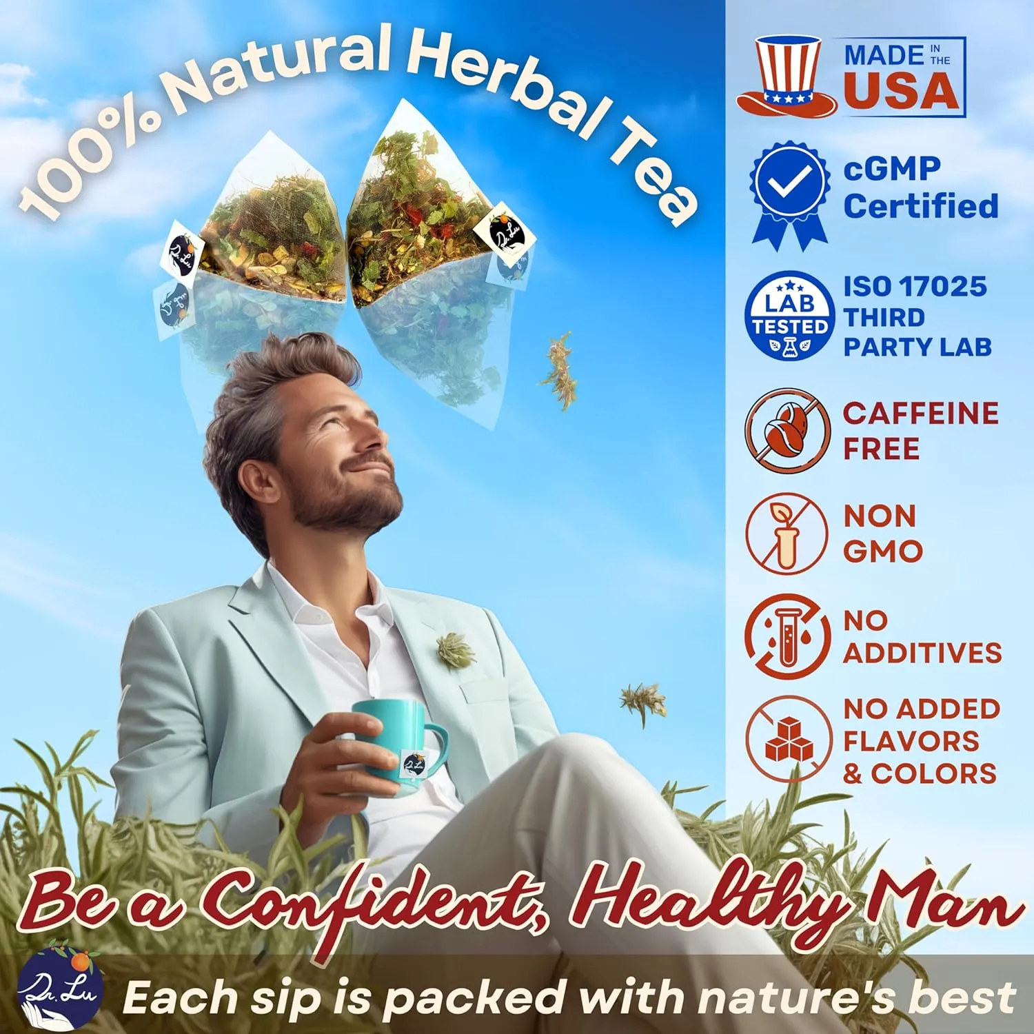 Dr. Lu’s Happy Tea for Guy | 100% Natural Herbal Tea for Men | Supports Prostate, Vitality & Fertility | 11-Herb Blend with Maca, Corn Silk & Hibiscus in Corn Fiber Tea Bags Made in USA