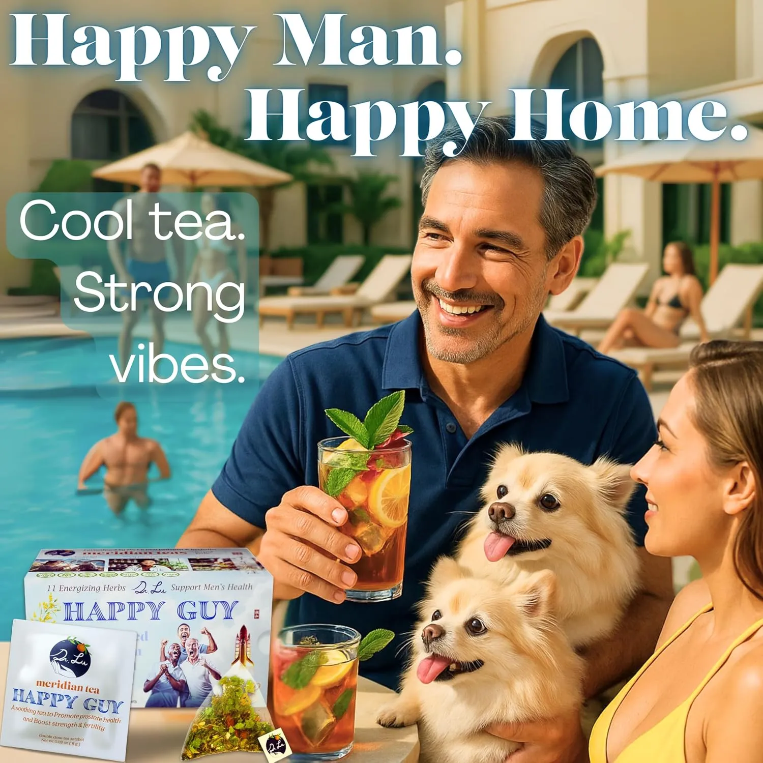 Dr. Lu’s Happy Tea for Guy | 100% Natural Herbal Tea for Men | Supports Prostate, Vitality & Fertility | 11-Herb Blend with Maca, Corn Silk & Hibiscus in Corn Fiber Tea Bags Made in USA
