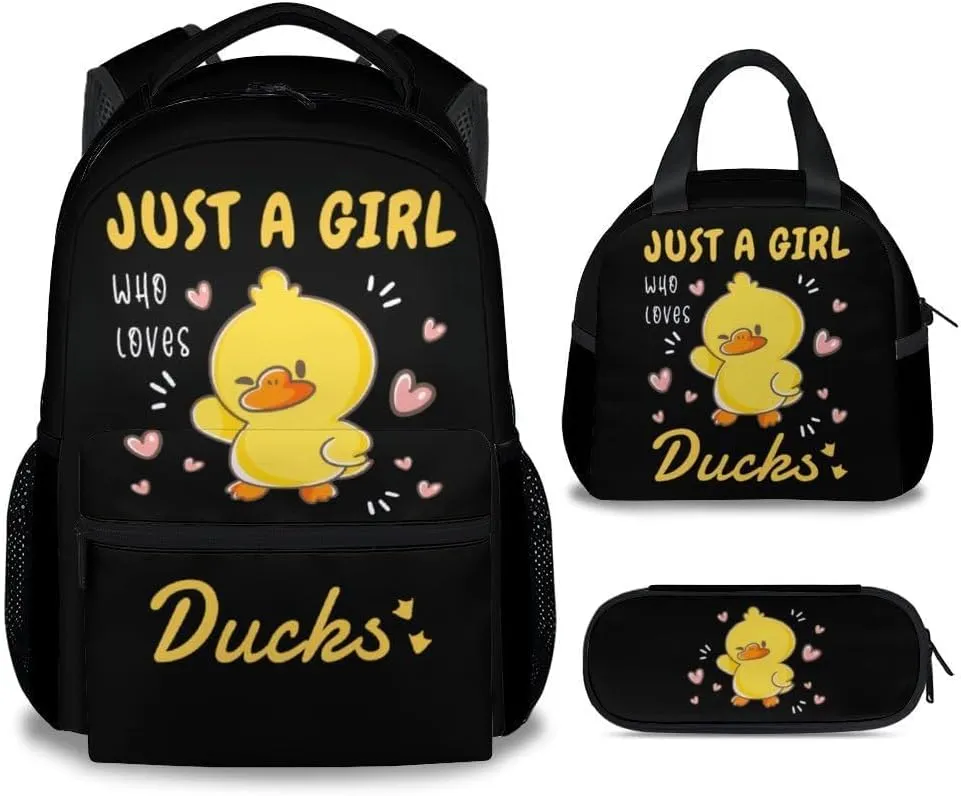 Duck Kids Backpack with Lunch Box, Set of 3 School Backpacks Matching Combo, Cute Black Bookbag and Pencil Case Bundle