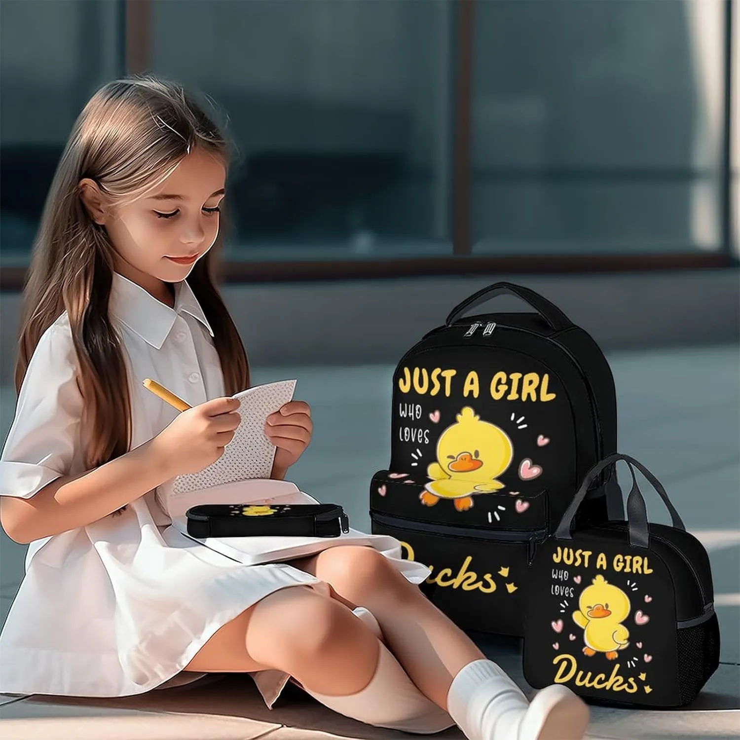 Duck Kids Backpack with Lunch Box, Set of 3 School Backpacks Matching Combo, Cute Black Bookbag and Pencil Case Bundle