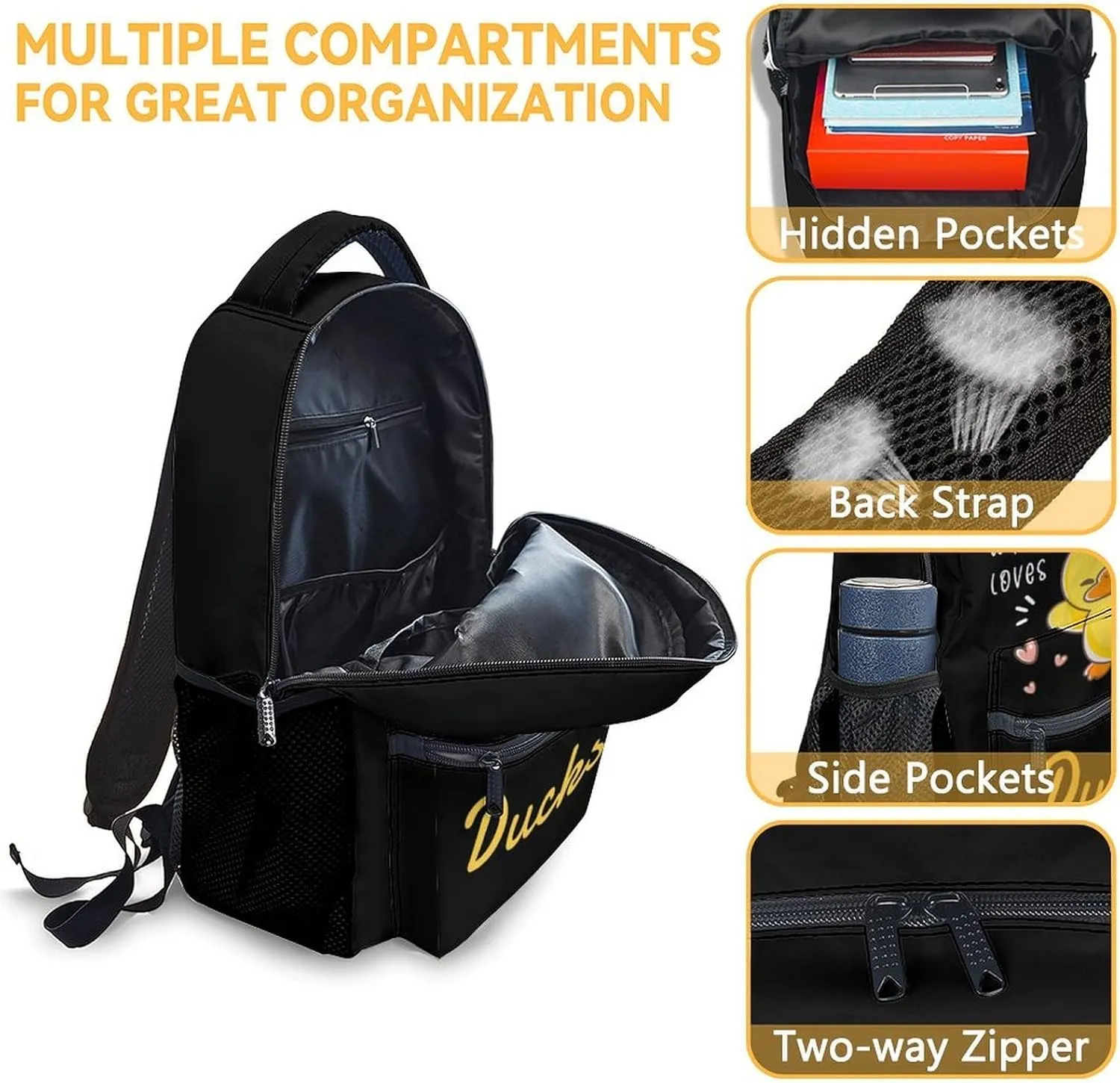 Duck Kids Backpack with Lunch Box, Set of 3 School Backpacks Matching Combo, Cute Black Bookbag and Pencil Case Bundle
