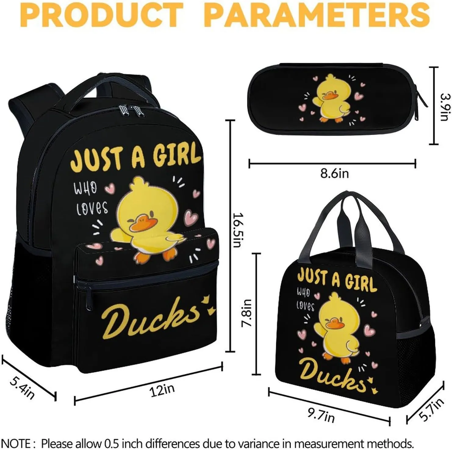 Duck Kids Backpack with Lunch Box, Set of 3 School Backpacks Matching Combo, Cute Black Bookbag and Pencil Case Bundle
