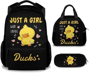 Duck Kids Backpack with Lunch Box, Set of 3 School Backpacks Matching Combo, Cute Black Bookbag and Pencil Case Bundle