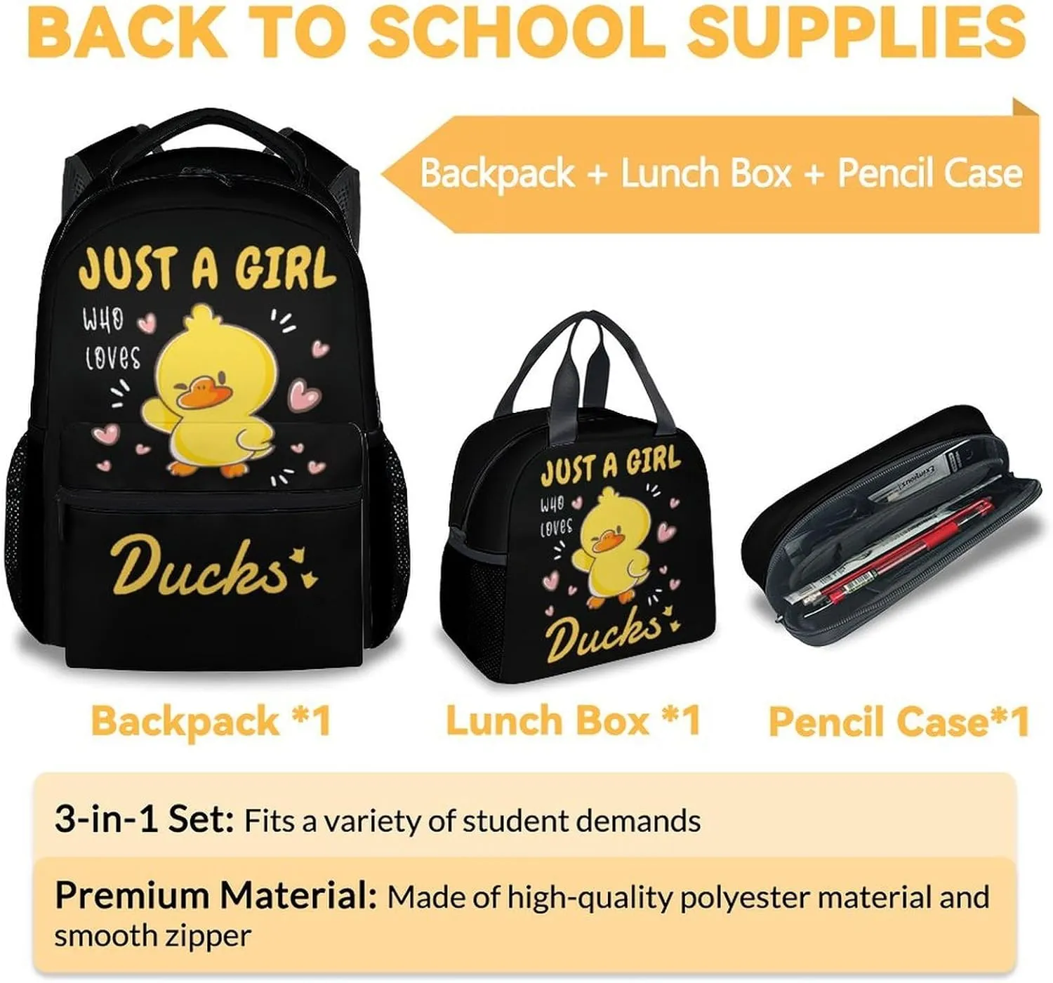 Duck Kids Backpack with Lunch Box, Set of 3 School Backpacks Matching Combo, Cute Black Bookbag and Pencil Case Bundle