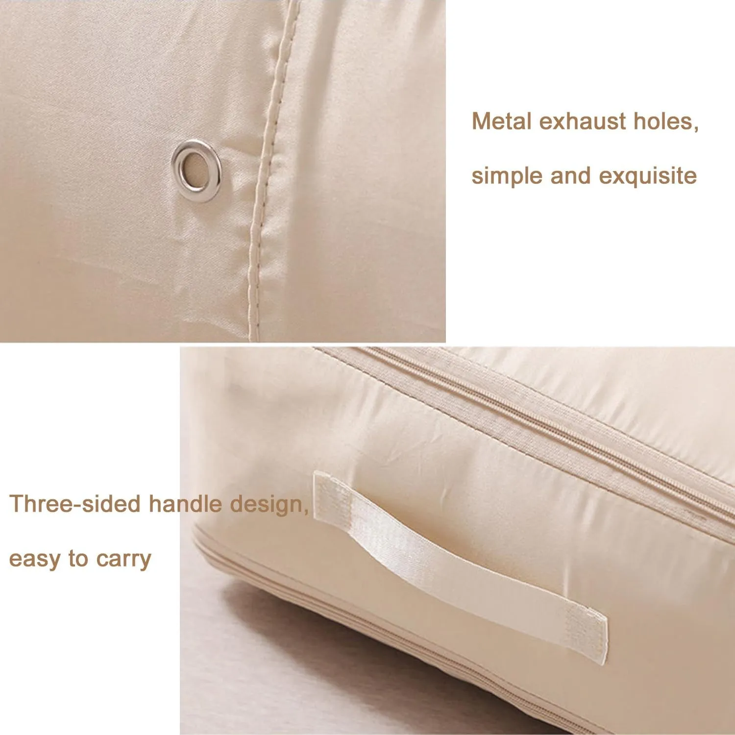 Dxcaicc 2 Packs Self-Compression Storage Tote Bags - Extra Large Space Saving Organizer with Secure Zipper Closure & Carry Handles for Moving/Home Organization,Beige,L