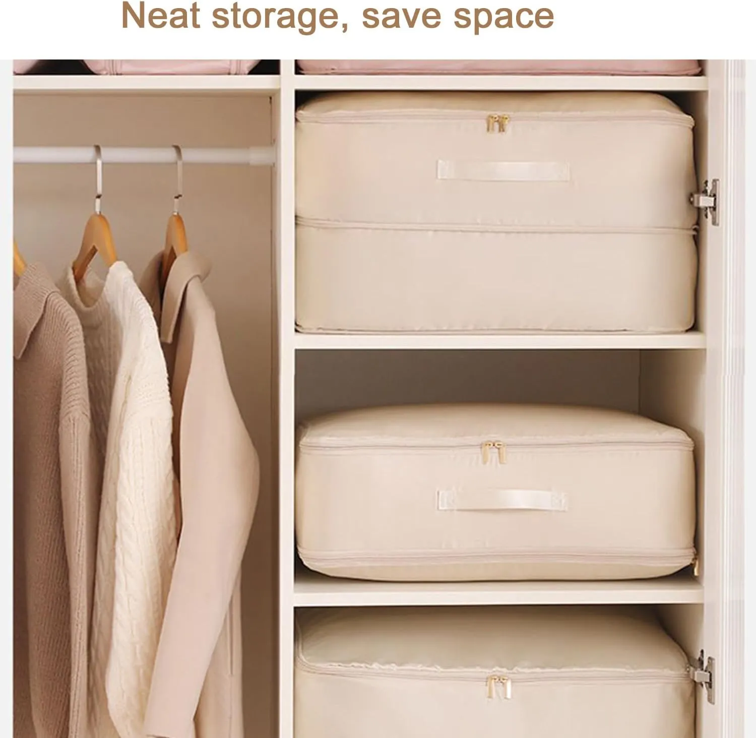 Dxcaicc 2 Packs Self-Compression Storage Tote Bags - Extra Large Space Saving Organizer with Secure Zipper Closure & Carry Handles for Moving/Home Organization,Beige,L