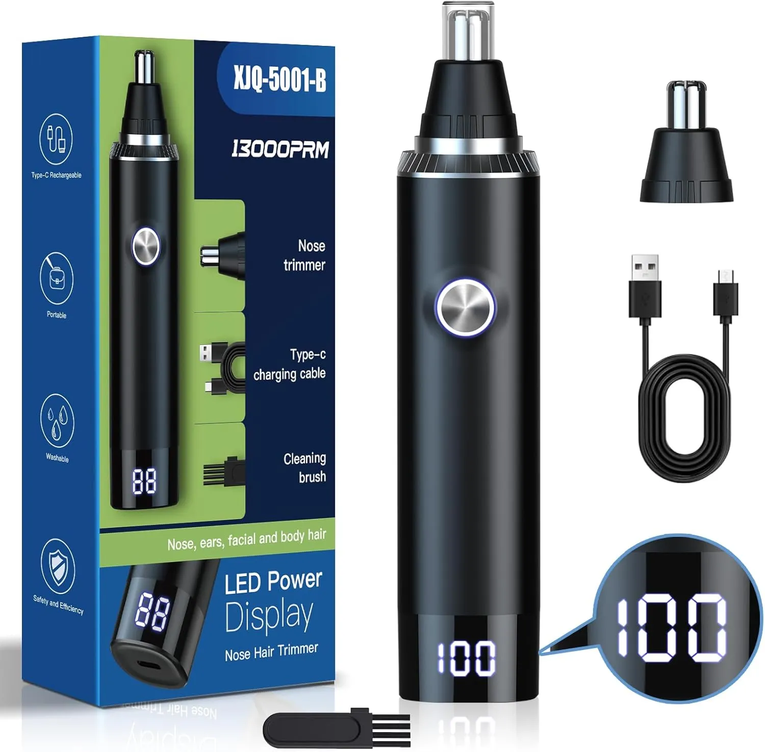 Ear & Nose Hair Trimmer with LED Display for Men Women,Painless USB Rechargeable Eyebrow & Facial & Nose Hair Trimmer Clipper,Professional IPX7 Waterproof Dual Edge Blades 12500 RPM (Black)