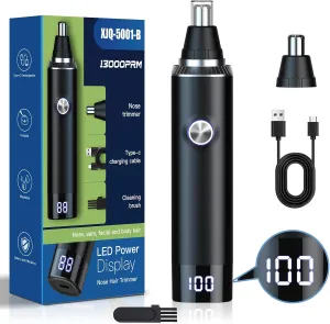 Ear & Nose Hair Trimmer with LED Display for Men Women,Painless USB Rechargeable Eyebrow & Facial & Nose Hair Trimmer Clipper,Professional IPX7 Waterproof Dual Edge Blades 12500 RPM (Black)