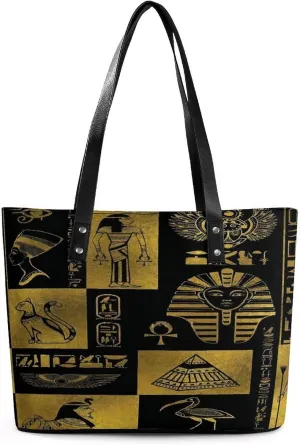 Egyptian Gold Hieroglyphs Symbols Women Tote Bags Top Handle Satchel Handbags Faux Leather Tassel Shoulder Purse
