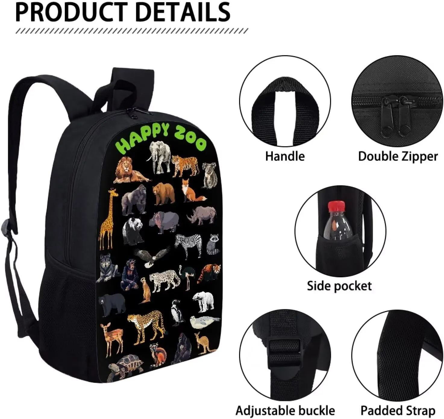 Elephant Lion Tiger Giraffe Print Kids Backpack for Boys Girls Elementary Cute Zoo Animal School Bag 17 inch Multifunctional Large Capacity Durable Travel Backpack