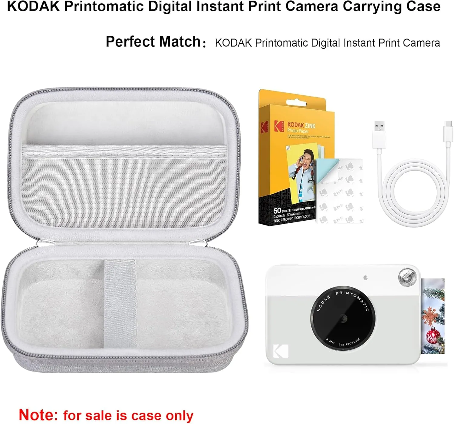 Elonbo Carrying Case for KODAK Printomatic Full-Color Instant Print Digital Camera, Portable Bluetooth Photo Printer Storage Holder Bag, ​Mesh Bag Fits Photo Paper SD Card USB Cable, Grey
